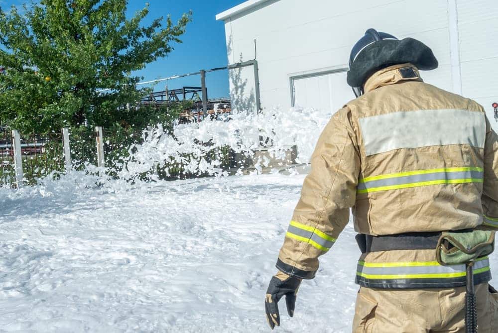 The rescue service.A foam jet designed to extinguish flammable liquids